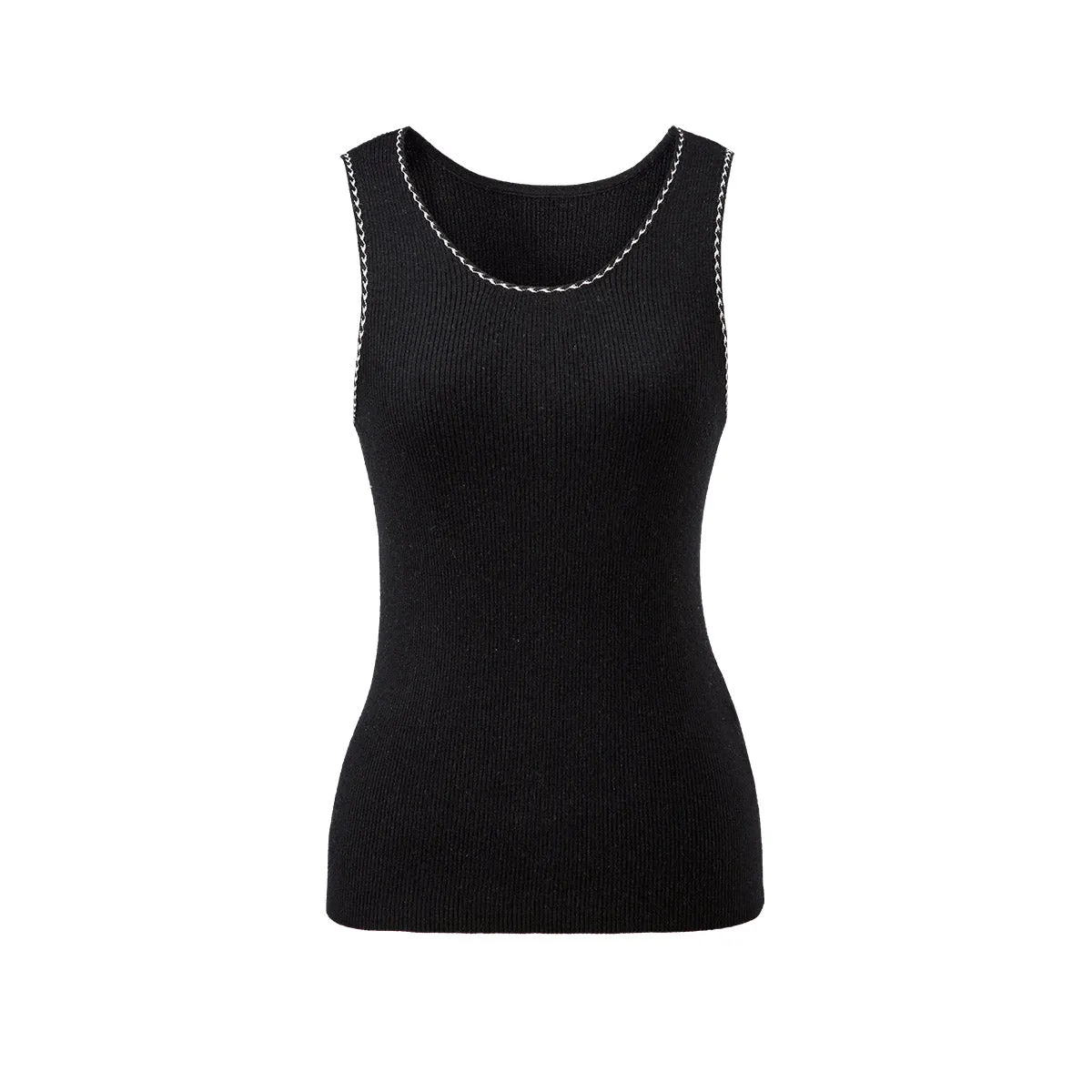 100% Wool Sleek Ribbed Knit Tank Top with Contrast Trim