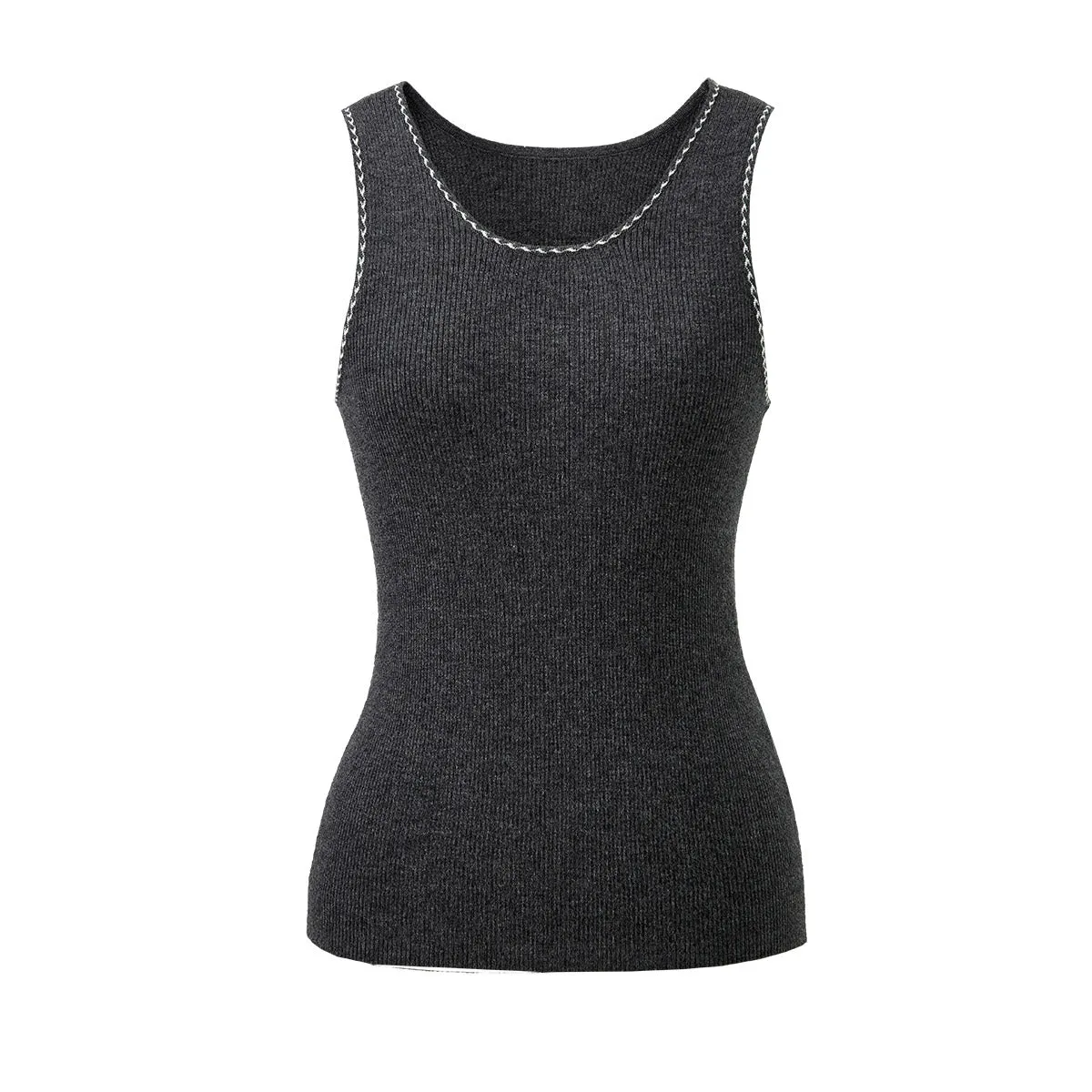 100% Wool Sleek Ribbed Knit Tank Top with Contrast Trim