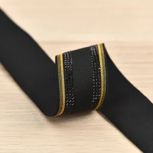 1.5 inch (40 mm) Wide Glitter Yellow Stripes Black Elastic Band- 1 Yard